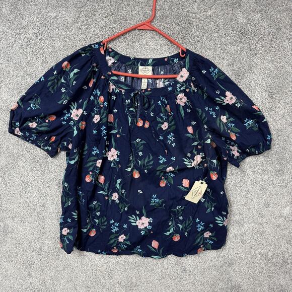 St Johns Bay Top 1X Plus Navy Floral Peasant Romantic Boho Dark Cottagecore - Picture 1 of 10